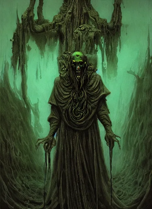 Prompt: Eldritch demon priest wearing ornate robe, chanting at the green pool. In style of Beksinski, concept art, highly detailed.