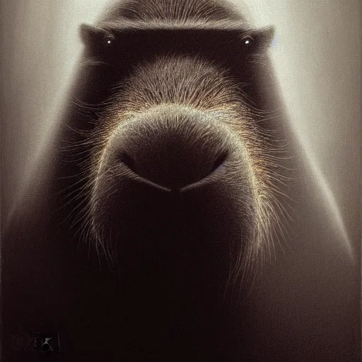 Image similar to a portrait of a capybara wearing a black hood, cloak covering face, anatomically correct, beautiful perfect face, enigmatic, oil painting, matte, black background, volumetric dynamic lighting, highly detailed, cinematic lighting, unreal engine, 8 k, hd, by beksinski