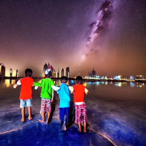 Prompt: a group of five boys enjoying in Dubai while looking at stars and milkyway detailed picture hd