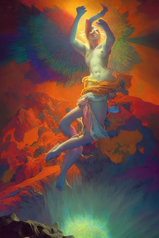 Image similar to beautiful sorceress opening portal to hell, vivid color, complementary color, golden ratio, detailed, sharp lines, sharp focus, intricate, rainbowshift, by maxfield parrish, by peter mohrbacher, by gustave dore, by artgerm, by alphonse mucha, deviantart, octane render