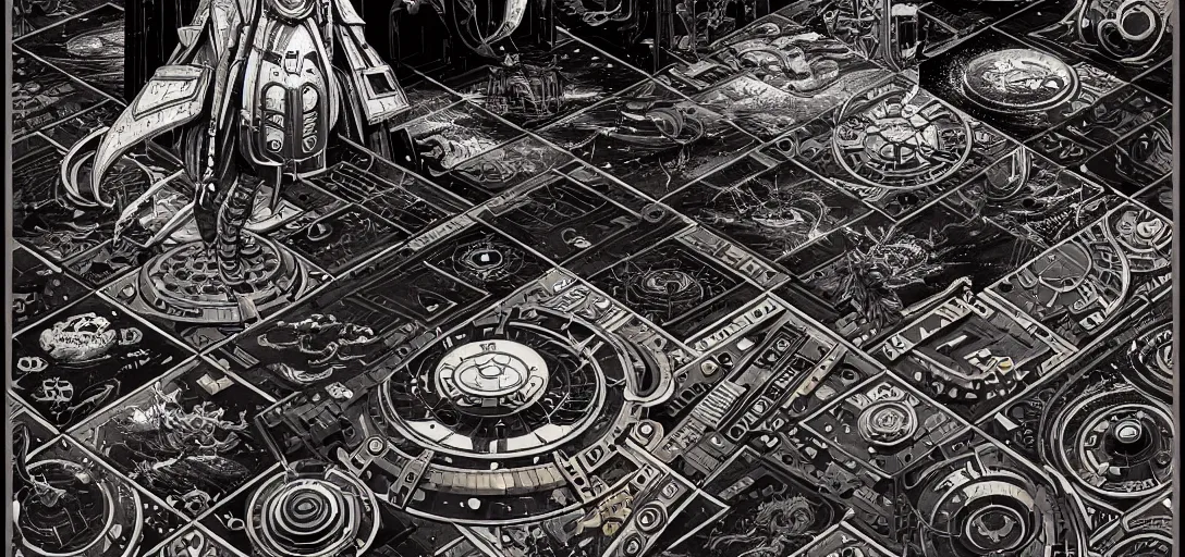 Prompt: cyberpunk steampunk tiled floor, one point perspective, high details, line art, by vincent di fate and joe fenton, inking, screen print, masterpiece, trending on artstation, sharp,, hyper - detailed, hd, 4 k, 8 k