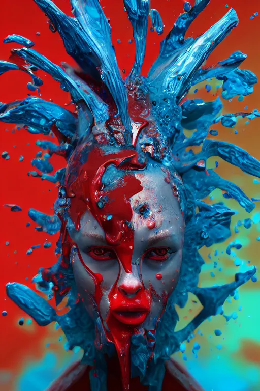 Prompt: epic 3 d abstract model, liquid headdress, 5 0 mm, with red and blue peanut butter, melting smoothly into other faces, liquid, delicate, beautiful, intricate, houdini sidefx, trending on artstation, by jeremy mann and ilya kuvshinov, jamie hewlett and ayami kojima, octane, paint splash