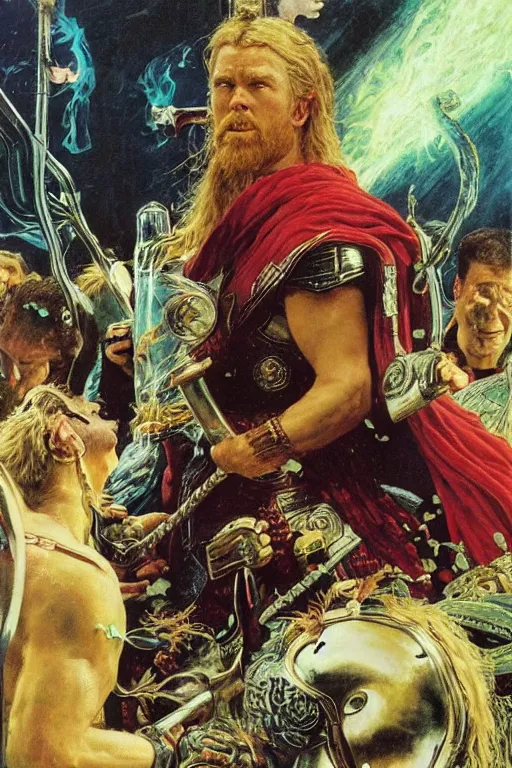 Image similar to thor drinking mountain dew during ragnarok, by lawrence alma tadema and zdzislaw beksinski and norman rockwell and jack kirby and tom lovell and greg staples