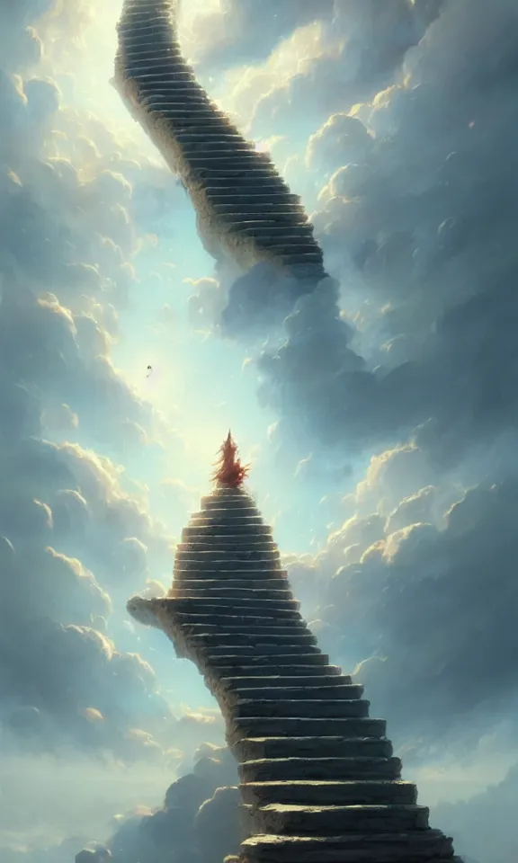 Image similar to straight staircase to heaven, sky full of clouds, art by greg rutkowski and peter mohrbacher, featured in artstation, octane render, cinematic, elegant, intricate, ultra detailed, rule of thirds, professional lighting, unreal engine, fantasy, concept art, sharp focus, illustration, 8 k