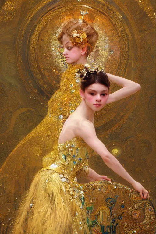 Image similar to an intricate painting of a beautiful young ballerina covered in silk clothes with klimt golden motives and textures, hyper detailed, ornamental gold headpiece, octane render, vivid colors, artstation, by jeremy mann, by alphonse mucha, by boris vallejo