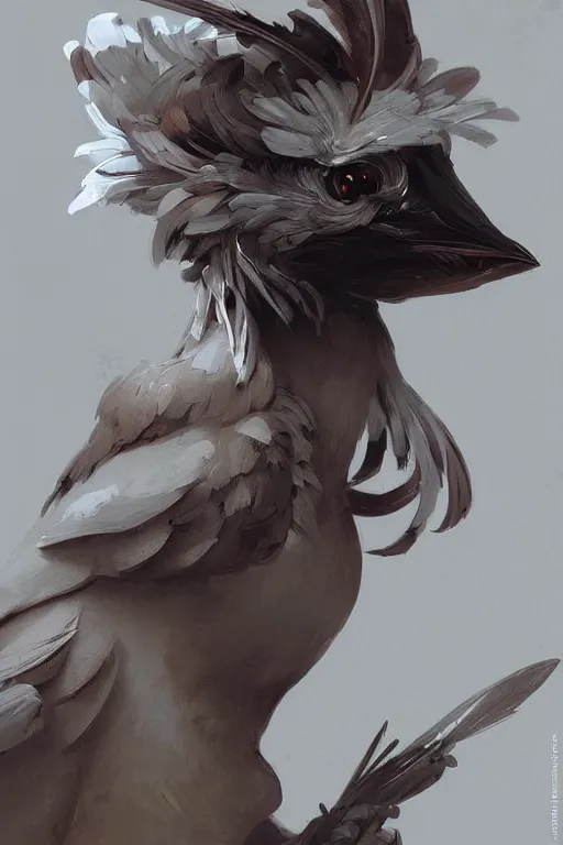 Prompt: Fashionable Anthropomorphic bird concept art, intricate, elegant, digital painting, concept art, smooth, sharp focus, illustration, finely detailed, from Metal Gear by Ruan Jia and Mandy Jurgens and Artgerm and William-Adolphe Bouguereau