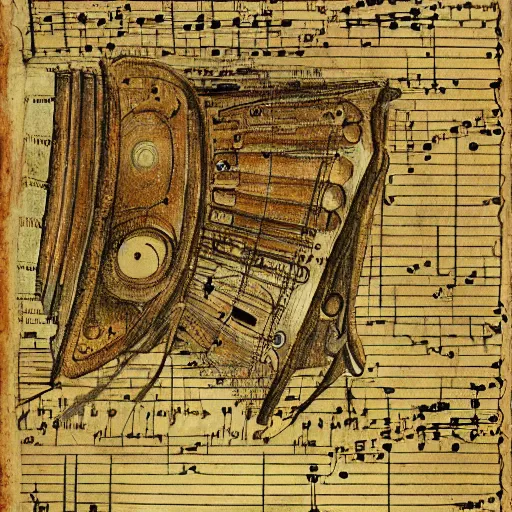 Image similar to electronic music instrument, music scores, da vinci, notebook page, high detail, intricate writing