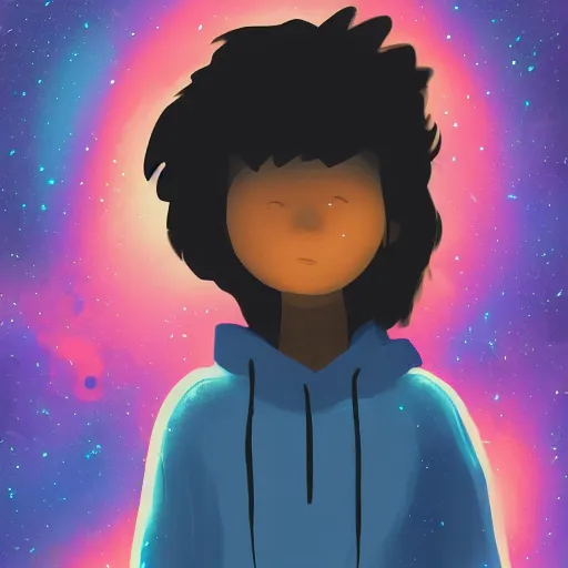 Prompt: boy dressed a black hoodie, flying in galaxy, lo-fi style, digital art, trending on ArtStation, detalied, high quality,