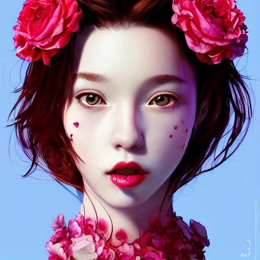 Prompt: the face of absurdly beautiful, graceful, elegant, sophisticated, sensual teen gravure idol made of raspberries cherries and red pink petals, an ultrafine hyperrealistic illustration by kim jung gi, irakli nadar, intricate linework, bright colors, octopath traveler, final fantasy, unreal engine highly rendered, global illumination, radiant light, intricate environment