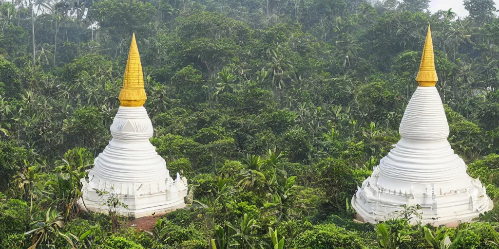 Prompt: sri lankan white stupa hidden in the jungle village, rule of thirds, drawn by hayao miyazaki