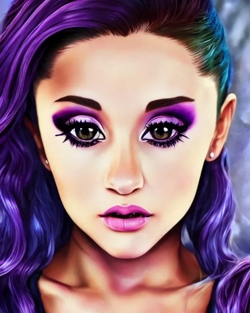 Image similar to beautiful Ariana Grande purple-hair tattoos symmetrical face stunning eyes full length fantasy art icon, 2d art gta5 cover, official fanart behance hd artstation