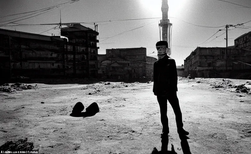 Prompt: In a futuristic space city of Neo Norilsk on the Moon, a Mysterious man is standing in the middle of a street photo by Trent Parke, the sun is blinding, a Russian city on the Moon