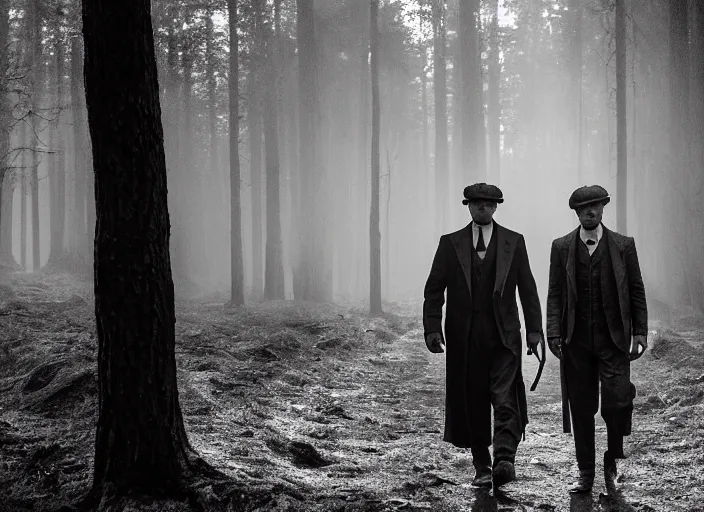 Prompt: an dramatic scene from peaky blinders, medium long shot, filmed in the dark woods, a cabin in the background, leonardo dicaprio and daniel day - lewis, faces covered in shadows, detailed and symmetric faces, black and white, cinematic, epic,