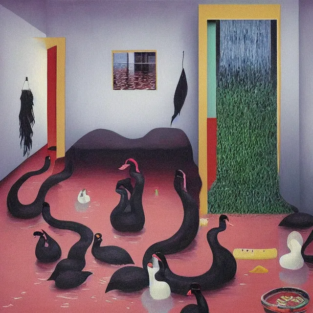 Image similar to painting of flood waters inside an apartment, emo catgirl art student, a river flooding inside, taps with running water, tangelos, zen, pigs, ikebana, water, river, rapids, waterfall, black swans, canoe, pomegranate, berries dripping, acrylic on canvas, surrealist, by magritte and monet