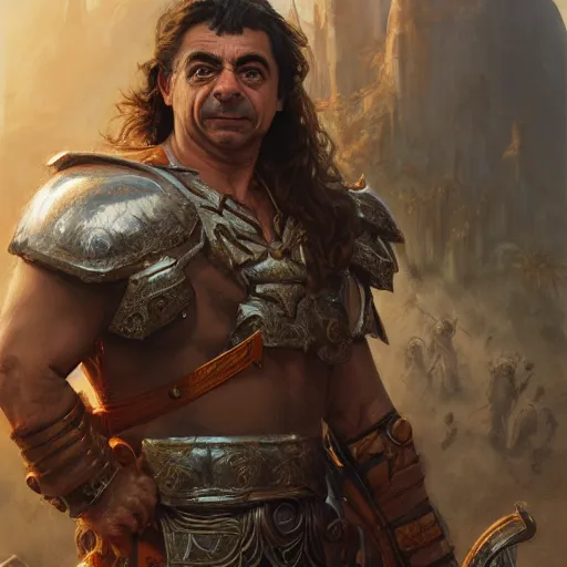 Image similar to portrait of Rowan Atkinson as a barbarian, detailed, centered, digital painting, artstation, concept art, donato giancola, Joseph Christian Leyendecker, WLOP, Boris Vallejo, Breathtaking, 8k resolution, extremely detailed, beautiful, establishing shot, artistic, hyperrealistic, octane render