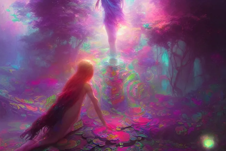 Prompt: a psychedelic realm hidden away in a pocket of ethereal understanding, astral beings sharing love greg rutkowski wlop lisa frank bob ross, ruan jia, illustration