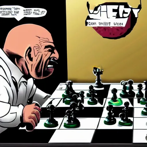 Image similar to the doom slayer trying to defeat walter white at chess