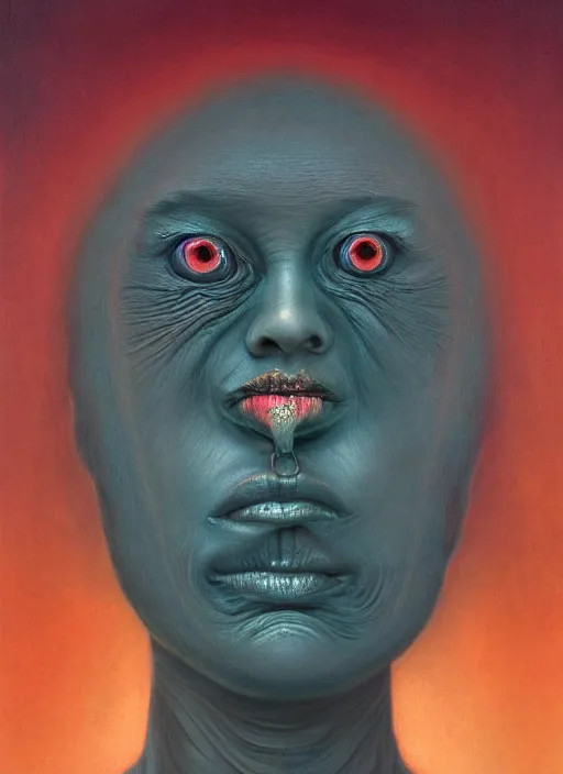 Image similar to dramatic portrait painting of woman with large crying eyes with black mandelbrot fractal instead of face, in style of zdzisław beksinski, horror, body horror,