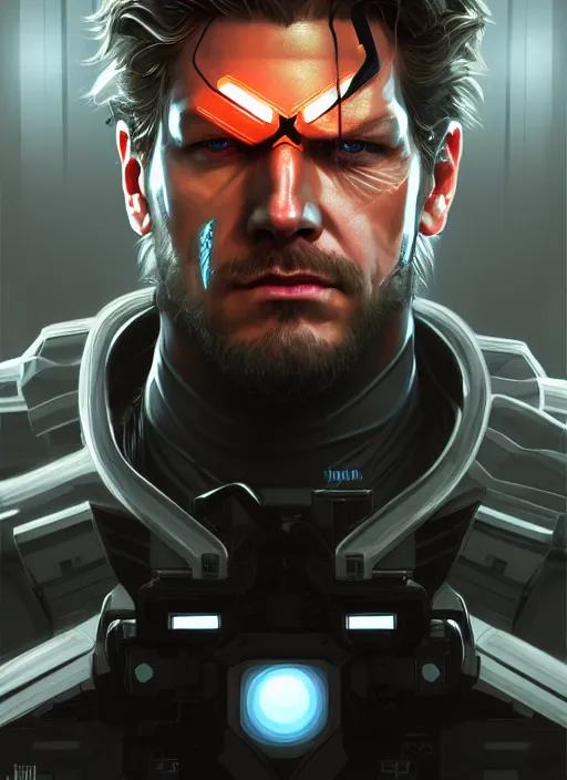 Image similar to symmetry!! portrait of solid snake, metal gear solid, tech wear, glowing lights!! intricate, elegant, highly detailed, digital painting, artstation, concept art, smooth, sharp focus, illustration, art by artgerm and greg rutkowski and alphonse mucha