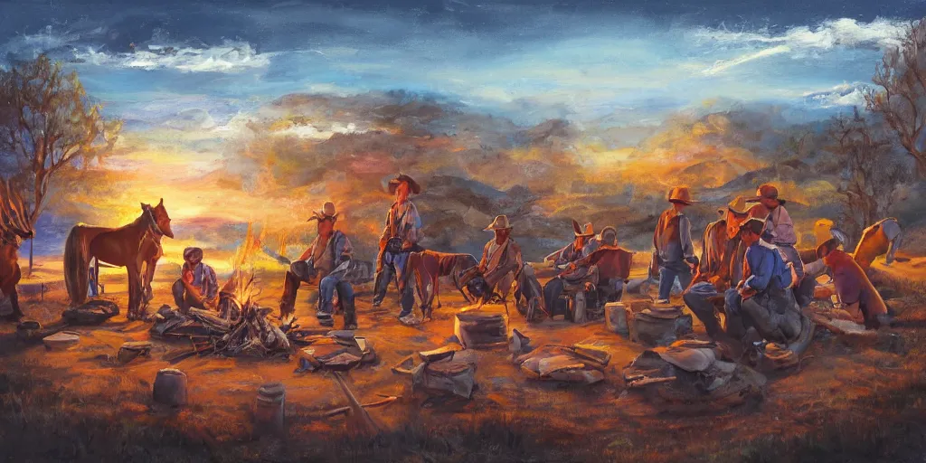 Prompt: retro future, western landscape, cowboys sitting around a campfire telling stories, alien sky, oil paint on canvas