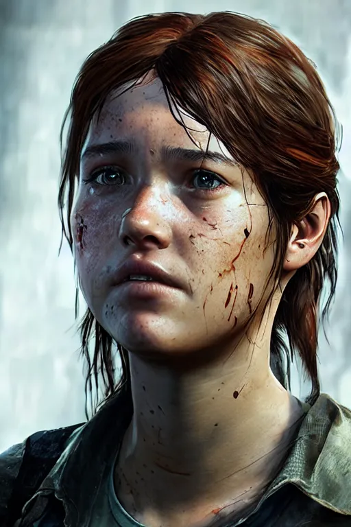 Image similar to ultra realistic facial portrait of ellie from the last of us part 2, digital art, character portrait, highly detailed, trending on artstation, lens flare, atmosphere, hyper realistic, cinematic lightning, sharp focus, unreal engine 5, extreme details perfect face, pretty face, fine - face, illustration, 8 k, ultra texture, masterpiece