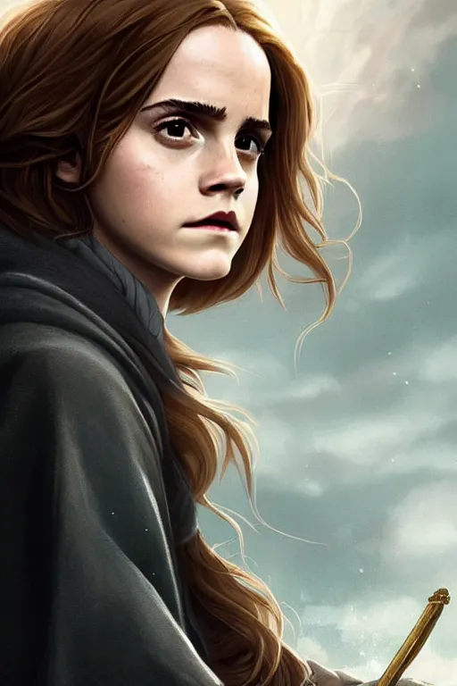 Image similar to Poster artwork, Emma Watson as Hermione Granger, wearing hogwarts!!! robes!!!, magnificent, close up, details, sharp focus, elegant, highly detailed, illustration, by Jordan Grimmer and greg rutkowski and PiNe(パイネ) and 薯子Imoko and 香川悠作 and wlop!!!! and maya takamura, intricate, beautiful, sunset!!!, Trending artstation, pixiv, digital Art