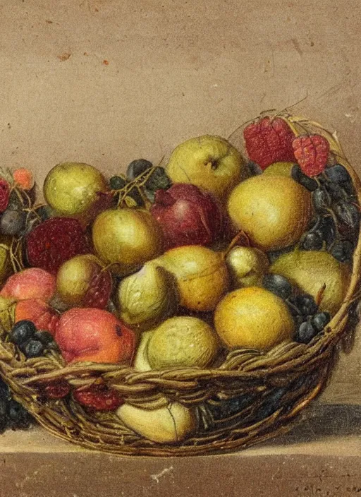 Prompt: a 1 9 th century oil sketch of a basket full of fruit. high quality scan