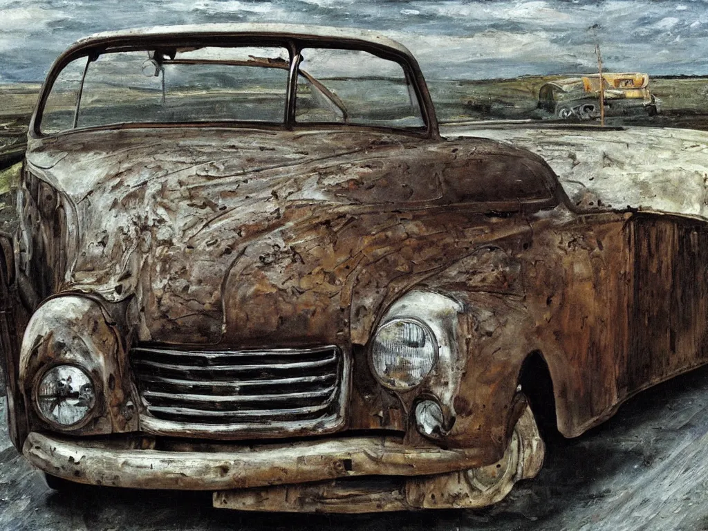 Prompt: Rusty old car. Painting by Lucian Freud.