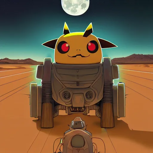 Image similar to a cell shaded cartoon lovecraftian pikachu mechanized demon martian robot, on a desert road, wide shot, in front of a big moon, muted colors, post grunge, josan gonzales, wlop, by james jean, victor ngai, hq, deviantart, art by artgem