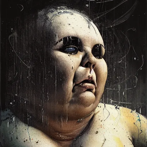 Image similar to portrait of the face of big fat old sumoringer as despair from sandman, venus of willendorf, by jeremy mann, by gregory crewdson, by bastien lecouffe deharme, by russ mills, sad face, topknot, black hair, mourning, black eyes, white room, soft lightning, high detailed, 8 k