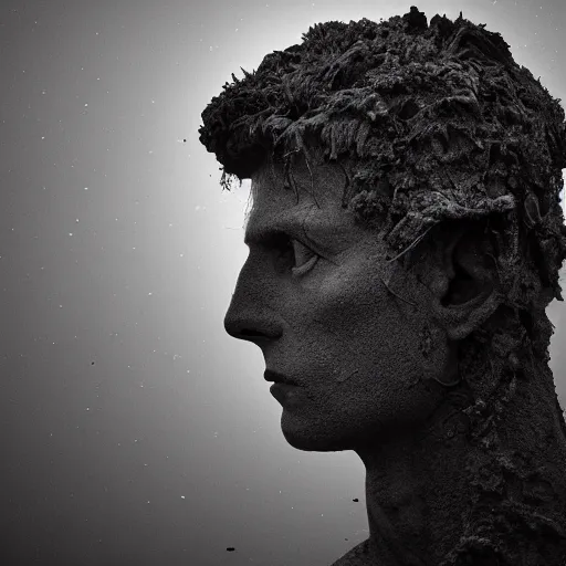 Image similar to Award-winning photograph by Mar Mann. The photo depicts a decaying roman bust of David Bowie overgrown with moss at the bottom of the sea in the middle of ruins of civilization. Minimalism, high definition, perfect composition. Deep sea picture. Very dark. Volumetric Lighting. Fish. Darkness. Ruins