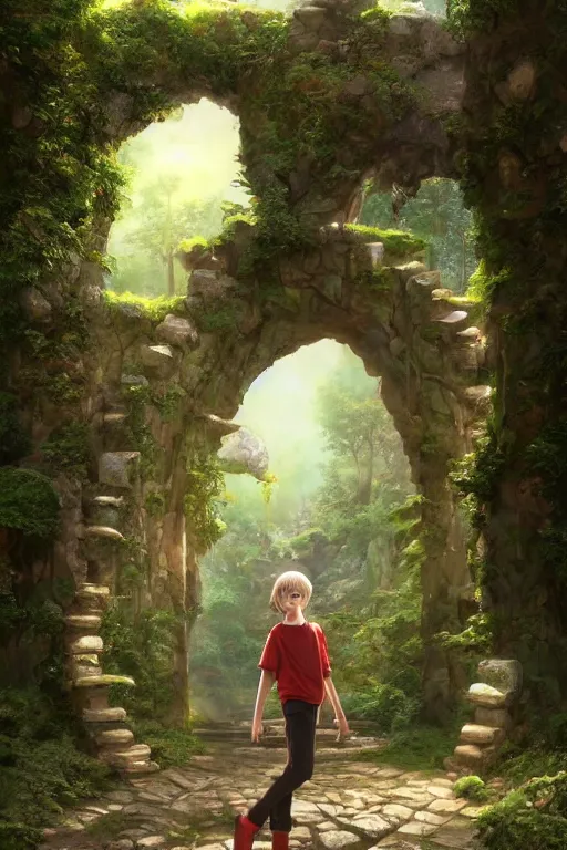 Image similar to a highly detailed matte painting of a teenager with shaggy hair and hip clothes standing in front of a stone gate in the elven forest ruins, by studio ghibli, by artgerm, by wlop, by greg rutkowski, red tones, volumetric lighting, octane render, 4 k resolution, trending on artstation, masterpiece