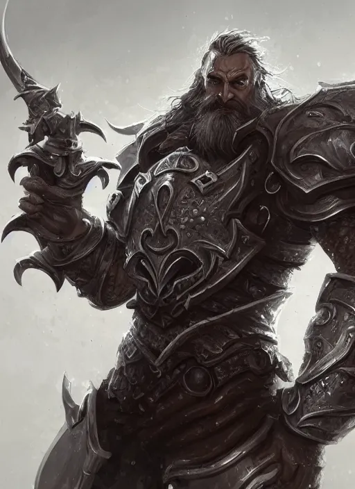 Prompt: a highly detailed illustration of furious rough bearded paladin wearing worn down silver armor, standing heroically clutching blade pose, intricate, elegant, highly detailed, centered, digital painting, artstation, concept art, smooth, sharp focus, league of legends concept art, WLOP