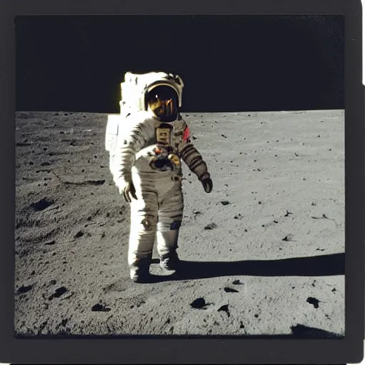 Image similar to a vintage Polaroid of Albert Einstein landing on the moon, visor up