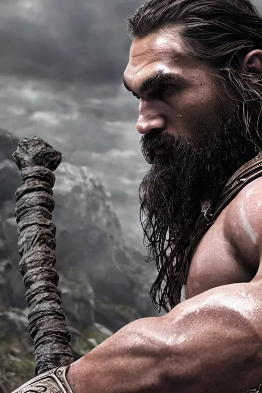 Image similar to film still from god of war, a highly detailed beautiful closeup photo of jason momoa!! kratos with long! windblown wet hair! holding a sword and fighting zombies on a pile of human skulls, spartan warrior, olympian god, muscular!!!, masculine confident pose, ambient lighting, volumetric lighting, octane, fantasy