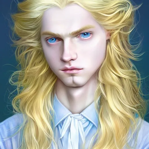 Image similar to Portrait of magical blond prince, very very very very pale white skin, long silky rich golden hair, dreamy and ethereal, pastel blue eyes, peaceful expression, ornate frilly regal shirt, fantasy, intricate, elegant, dynamic lighting, highly detailed, digital painting, artstation, concept art, smooth, sharp focus, illustration, art by artgerm and greg rutkowski and alphonse mucha