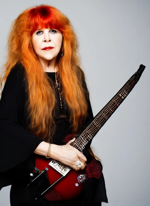 Image similar to dslr portrait photo still of stevie nicks with red hair playing a guitar, 8 5 mm, f 1. 8