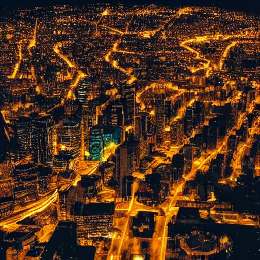 Image similar to an aerial view of a city at night, photo by lisa frank, instagram contest winner, maximalism, glowing lights, vivid colors, circuitry