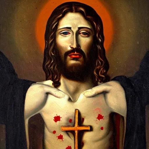 Prompt: Jesus Christ's wound infected with reality television, oil painting, masters, MET collection