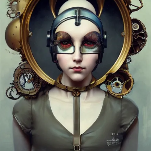 Prompt: ilya kuvshinov tom bagshaw, curiosities carnival, soft paint of a single bald beautiful female in a full steampunk armor, rabbit - ear helm, symmetry accurate features, focus, very intricate ultrafine details, award winning masterpiece