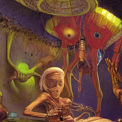 Image similar to medieval extraterrestrial villagers at bedside of severely injured unconscious short - haired blond woman, colorful, dramatic lighting, illustration, fantastic planet, ron cobb, mike mignogna, jim henson creature shop, science fiction, detailed painting, high detail, coherent, rough paper