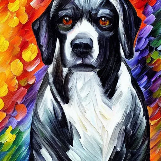 Image similar to “black and white dog in the woods, style of leonid afremov”