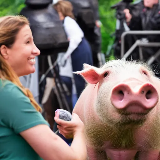 Image similar to a woman interrupts a pig with a microphone