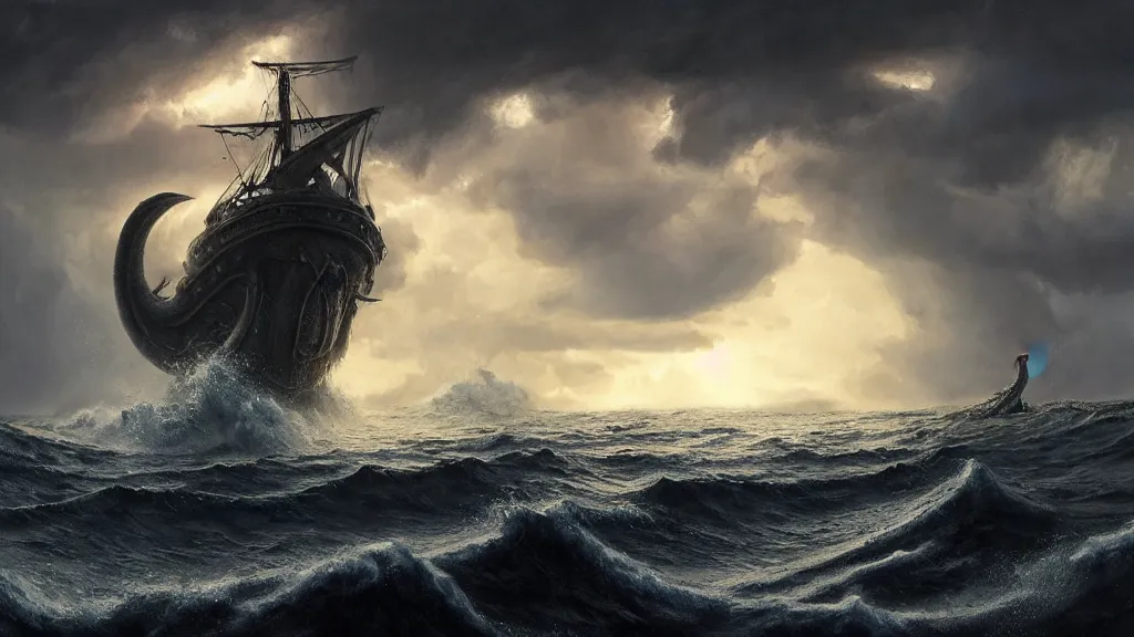 Prompt: small boat. massive giant kraken coming out of a stormy sea in the distance, giant waves, lightning in background, intricate, detailed, volumetric lighting, sharp focus, scenery, photorealism, digital painting, highly detailed, concept art, ruan jia, dark souls, steve mccurry