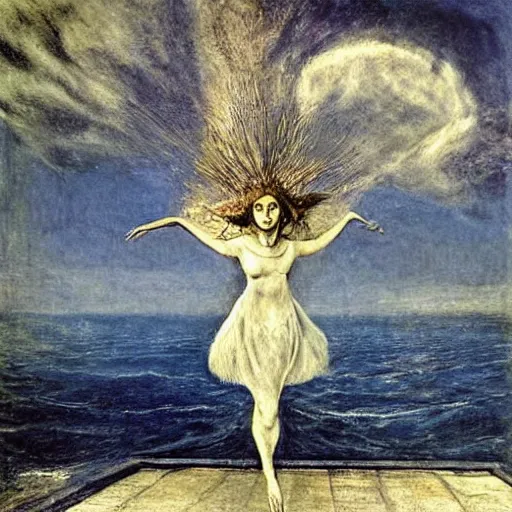 Prompt: Alcina Dimitrescu levitating over the sea. El Greco, Remedios Varo, Salvador Dali, Carl Gustav Carus, John Atkinson Grimshaw. Blue tint. Symetrical, logo, geometric shapes.