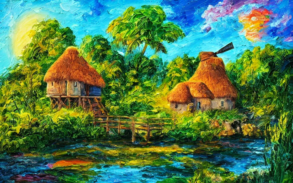 Prompt: an island with a cozy cottage, tropical forest, river, waterfall, windmill, garden courtyard, sunset, puffy clouds, oil impasto painting