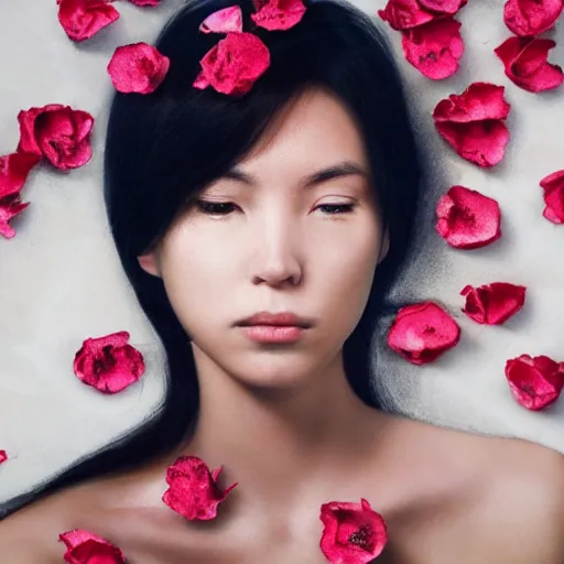 Prompt: made by naoto hatorri, beautiful woman covered in tiny rose petals, closeup portrait shot, hyper - detailed, 4 k concept art, smooth, sharp focus. - h 7 6 8