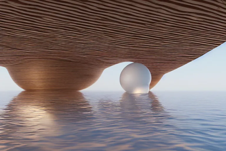 Image similar to many white egg shaped spherical spaces ， like a soap bubble, it depends on each other to form a modern science fiction building ， by pierre bernard, on the calm lake, people's perspective, future, interior wood, marble, award winning, highly detailed 4 k art, dusk, unreal engine highly rendered, global illumination, radial light, internal environment