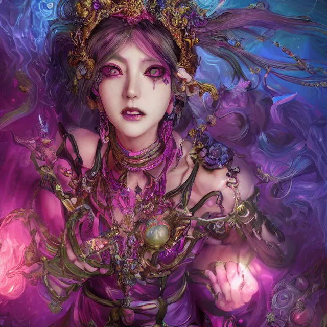 Prompt: the portrait of chaotic evil fallen colorful female necromancer overlord as absurdly beautiful, elegant, pretty idol, an ultrafine hyperdetailed illustration by kim jung gi, irakli nadar, detailed faces, intricate linework, bright colors, octopath traveler, unreal engine 5 highly rendered, global illumination, radiant light, detailed and intricate environment, 8 k