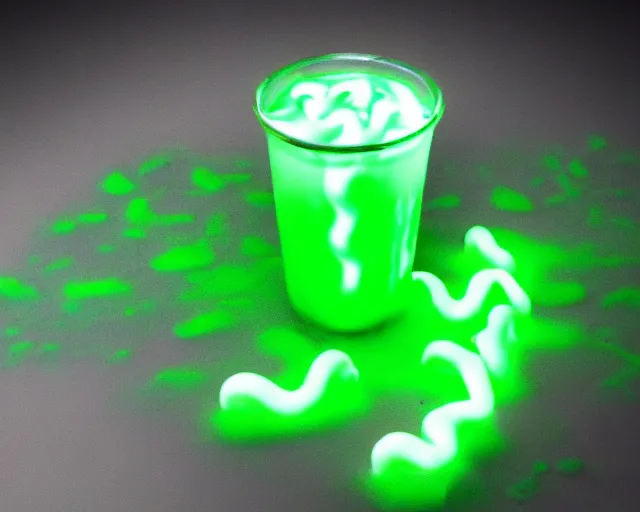 Image similar to energy drink made out of glowing ooze, candy worms, and mud.